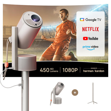 XGIMI MoGo 3 Pro 1080P projektor akuga, miniprojektor PowerBase'i alusega, Google TV litsentseeritud Netflixiga, kaasaskantav projektor, 450 ISO luumenit, ISA 2.0, 10W Harman Kardon