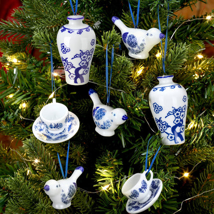 Funtery 9 Pieces Blue and White Porcelain Ornaments Chinoiserie Autumn Pumpkin Decor Hanging Pendants Christmas Decoration Ceramic Christmas Tree Ornaments for Christmas Autumn Decoration (Vibrant