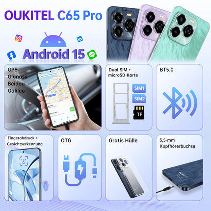 OUKITEL C65 Pro Android 15 nutitelefon, 24GB+256GB/1TB lukustamata nutitelefon, 90Hz, 6.7", 5150mAh, 50MP+8MP kaamera, kahe SIM-kaardi pesa 4G / näotuvastus + sõrmejälg / GPS / OTG / sinine
