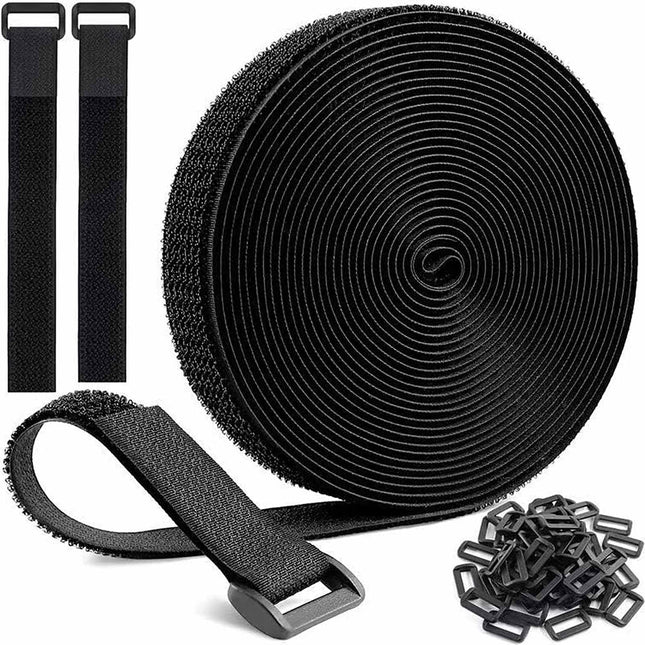 5 m adjustable cable ties with 25 buckles, free cutting length, black, reusable fastening cable ties, velcro fastening strap for cable organization, wire management,