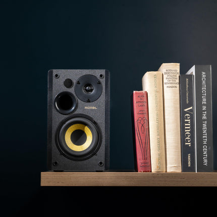 Roxel Soleil aktiivsed riiulikõlarid HiFi-le, subwooferi väljund, 2.0 stereoheli, juhtmevaba BT 5.3, optiline, RCA, USB, HDMI (ARC), sisseehitatud võimendi, reguleeritavad bassid/kõrged sagedused, 3-meetrine kõlarikaabel