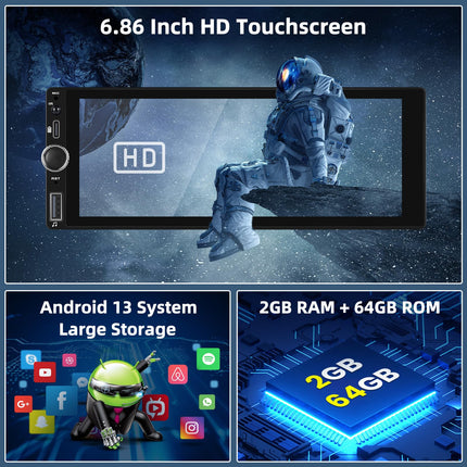 2 GB + 64 GB 1 DIN Android 13 autoraadio navigatsiooniga, juhtmevaba Carplay, Android Auto, 6,9-tolline ekraan, raadio, Bluetooth, peegliühendus, WiFi, FM/RDS/EQ/USB, roolilt juhtimine, tahavaatekaamera