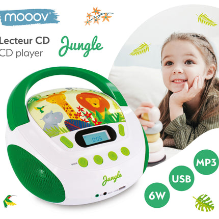 mooov 477144 CD-mängija lastele kõlarite, USB, kõrvaklapipesa ja AUX-IN-pordiga - kaasaskantav Boombox CD-mängija - vooluvõrgust või patareidest töötav - džunglimudel - roheline/valge