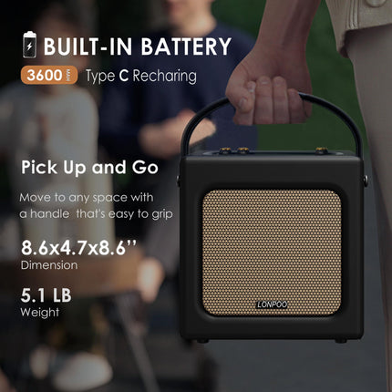 Retro Portable Boombox Bluetooth Speaker in Leather Look with Battery, 20W Compact Karaoke System with USB, Aux-IN, 6.5MM Microphone Jack, Type-C Charging