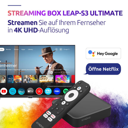 STRONG - Android TV 4K UHD voogedastusboks - Leap-S3 Ultimate - 2 kuud Zattoo - Chromecasti sisseehitatud - Google Voice Assistant - Dolby Atmos ja Vision - Google Play, Netflix, Prime Video ja palju muud