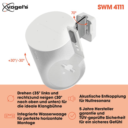 Vogel's SWM 4111 kõlari seinakinnitus Sonos ERA100 kõlarile, max. 5 kg, kallutus -30°/+30°, pöörlev kuni 70° (vasakule/paremale), valge (1tk)