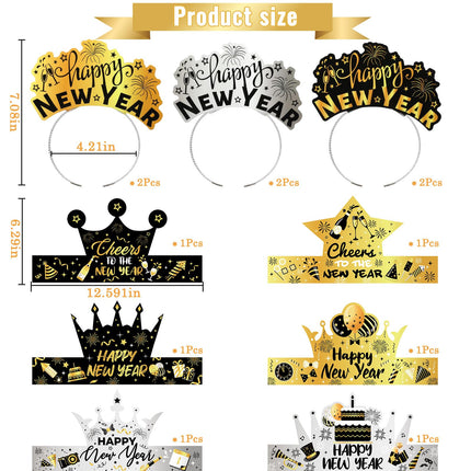 DPKOW Black Gold Silver New Year's Eve Decoration 2025 New Year's Eve Decoration Accessories New Year's Eve Party Hats Happy New Year Headband New Year's Eve Glasses Silicone Bracelet Horns for Decoration New Year's Eve Party 2025