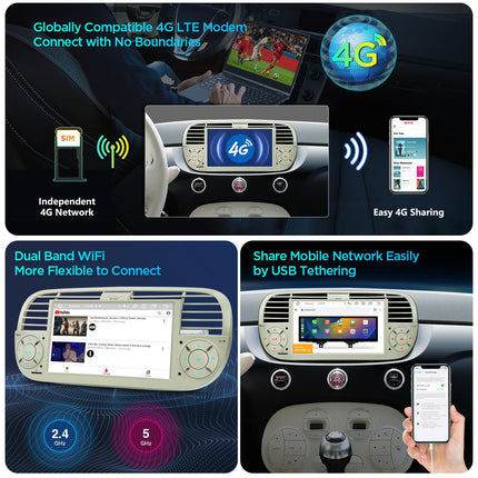 XTRONS 7-tolline IPS Android 14 autoraadio Octa Core 4+64GB multimeediamängija sisseehitatud 4G LTE automäng Android Auto AKM DSP GPS Bluetooth 5.0 WiFi valikuline DAB OBD TPMS DVR FIAT 500 kreemile