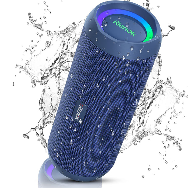 RIENOK Bluetooth Speaker with Light Bluetooth 5.3 Music Box Bass Wireless Box with IPX7 Waterproof Stereo Sound Portable (Blue, 3,600 mAh)