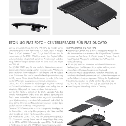 ETON UG FIAT FD7C – 80 mm (3-tolline) keskkõlar, mis ühildub FIAT Ducato III-ga, täisriba-keskkõlar, keskkõlar kesta/keskkonsooliga