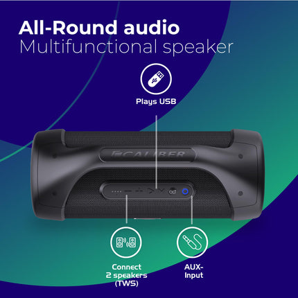Caliber Bluetooth Speaker - Wireless Bluetooth Music Box - AUX and USB - With LED Lighting - 12h Battery - Black