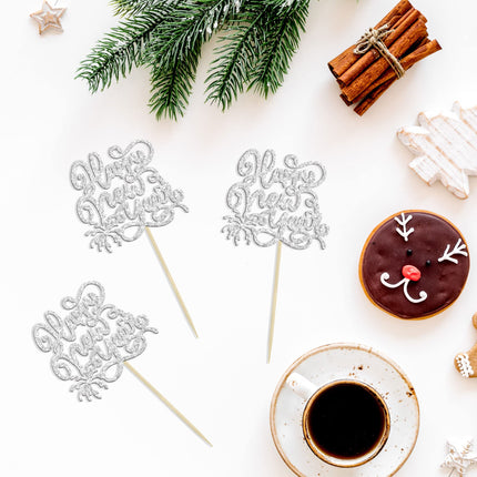 Gyufise 24 Pieces 2025 Happy New Years Cupcake Toppers Silver Glitter 2025 Happy New Year Party Decorations for Happy 2025 Cheers to 2025 Hello 2025 New Year's Eve Party Decorations Supplies