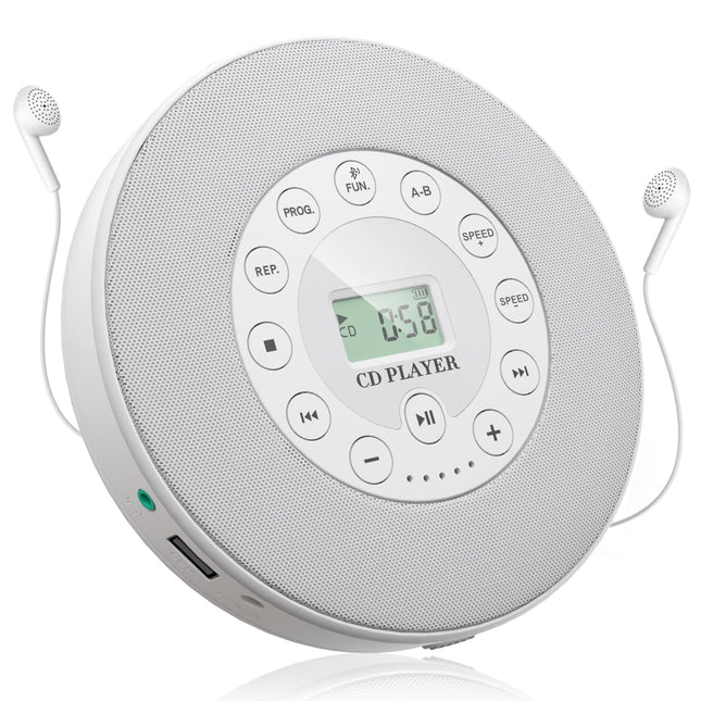 Kaasaskantav CD-mängija, CD-mängija, kaasaskantav CD-mängija, CD-mängija kõlariga, CD-mängija Bluetoothiga, Boombox CD-mängija, laetav CD-mängija, väike, toetab CD USB Aux sisendit, valge