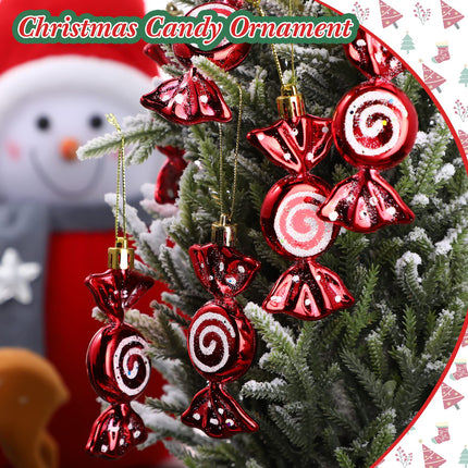 Threan 12 Christmas Tree Candy Christmas Tree Decorations Candy Glittering Hanging Christmas Candy Ornaments Candy Canes Decoration with Golden Ropes (Red)