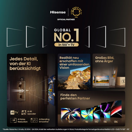 Hisense 100U7KQ (100-tolline) 4K Mini LED ULED HDR nutiteler, Quantum Dot, 144Hz, HDMI 2.1, Game Mode Pro, Dolby Vision IQ ja Atmos, Bluetooth, sisseehitatud Alexa, antratsiithall