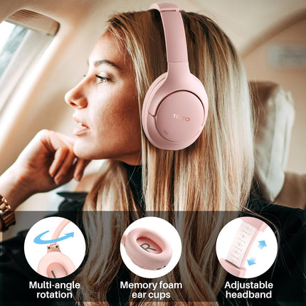 TOZO HT2 Over-Ear Headphones Bluetooth, Hybrid Active Noise Cancelling Headphones, Wireless Bluetooth Headphones with App Control, Hi-Res Audio, 60 Hours Playtime, Deep Bass, Comfortable Ear Cups, Pink
