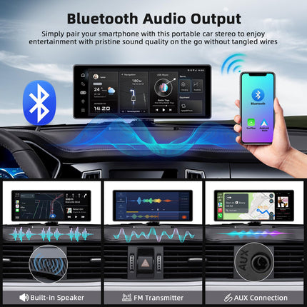 10,26-tolline juhtmevaba Carplay Android Auto ekraan, kaasaskantav autostereo 4K armatuurlauaga + 1080P tahavaatekaamera, Siri/Google Assistant, GPS-navigatsioon, Bluetooth, Mirror Link, FM, 64G TF kõikidele sõidukitele