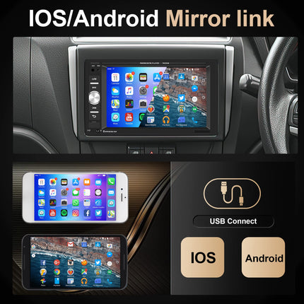 Car radio 2 Din with Bluetooth hands-free system IOS/Android Mirror Link 6.2 inch touchscreen car radio double Din with Bluetooth FM/USB/AUX/EQ/TF steering wheel control + rear view camera remote control