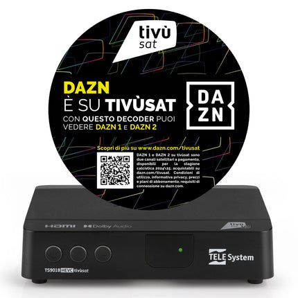 Tele System TS9018HEVC Tivùsat HD Classic satelliitdekooder: juurdepääs enam kui 70 tasuta HD-kanalile, Serie A DAZN Zone'is, automaatsed kanalite värskendused - kiipkaart on kaasas