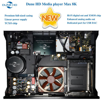 Dune HD Max 8K, täissuuruses meediapleier, Android Box, Dolb Visio, Atmo, kõvaketta riiul, lineaarne toiteplokk, TCXO, Hi-Fi I2S-E väljund, Hi-Fi S/PDIF väljund, 8Gb/64Gb