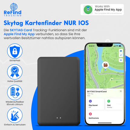 ReFind Skytag Card Finder (iOS only) – Slim and rugged for wallets, bags, and suitcases. Rechargeable tracker, compatible with Apple's Find My app.