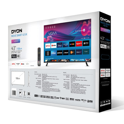 DYON Movie Smart 43 VX - 108 cm (43-tolline) televiisor (Full HD nutiteler, HD kolmekordne tuuner (DVB-C/-S2/-T2), App Store, Prime Video, Netflix, YouTube, DAZN, Disney+)