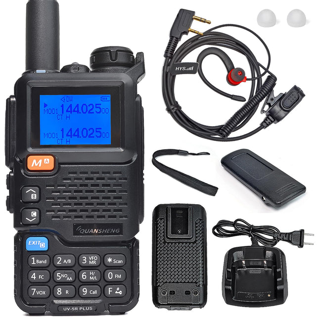 HYS Quansheng UV5R-PLUS 5W kahesageduslik raadiosaatja laadija laetavate akude raadio, VHF UHF kahesuunaline raadio (G-konksuga kõrvaklapid kerge kõrvatroppide lisatarvikuga)