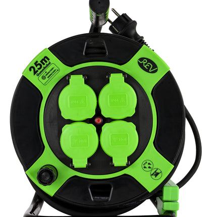 REV cable reel, extension cable, outdoor, IP44, 4 sockets, thermal switch, 25 m, up to 3000 W, black