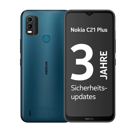 Nokia C21 6,5-tolline HD+ Plus nutitelefon karastatud klaasiga, 2/32 GB salvestusruumi, IP52 sertifikaadiga, 13 MP kahekordse kaameraga HDR ja panoraamvõtted, puhas operatsioonisüsteem, kahe SIM-kaardi turvavärskendused 2 aastaks - tsüaansinine, C21 Plus