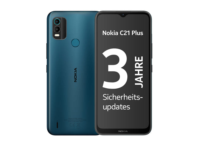 Nokia C21 6,5-tolline HD+ Plus nutitelefon karastatud klaasiga, 2/32 GB salvestusruumi, IP52 sertifikaadiga, 13 MP kahekordse kaameraga HDR ja panoraamvõtted, puhas operatsioonisüsteem, kahe SIM-kaardi turvavärskendused 2 aastaks - tsüaansinine, C21 Plus