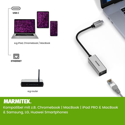 USB C Etherneti adapterkaabel - Marmitek UE24 - Ühenda Thunderbolt LAN-iga - Ühenda oma Mac või sülearvuti ruuteriga isegi siis, kui ÜKS RJ45 port puudub - USB-C muundur