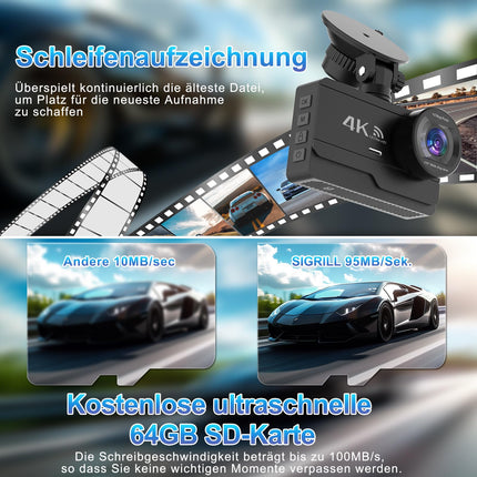 4K/2K+1080P Dashcam Car Front Rear, WiFi Dash Cam with 64GB SD Card, Dash Cam Car Night Vision, 170° Wide Angle WDR, 24/7 Parking Monitoring Functionality, G-Sensor, Loop Recording, Max 256GB