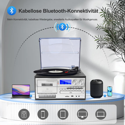 9-ühes plaadimängija Bluetoothi, CD, kasseti, AM/FM-raadio, USB SD MMC taasesituse ja kaugjuhtimispuldiga – 3-kiirusega plaadimängija, kõrvaklapipesa ja Aux In RCA Line Out.