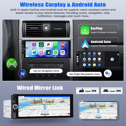 Dab+ 1 Din Android 13 Car Radio with Carplay &amp; Android Auto, MP5 Player, 6.86 inch HD Touchscreen Tempered Glass Radio with Bluetooth, FM/RDS, SWC EQ, MirrorLink+Rear View Camera&amp;Mic
