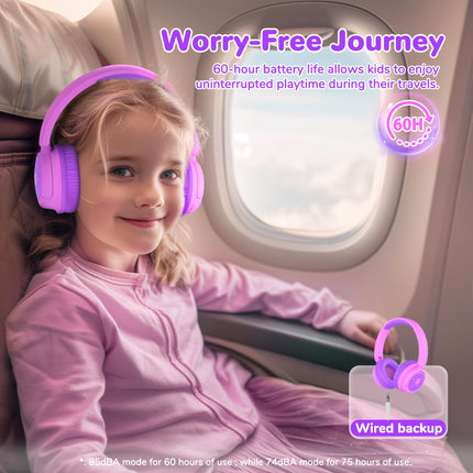 iClever Bluetooth headphones for kids, 60-hour battery life, 74/85 dBA volume limit, stereo sound, Type-C, Bluetooth 5.4, wireless over-ear children's headphones with microphone for tablet/travel, pink/purple