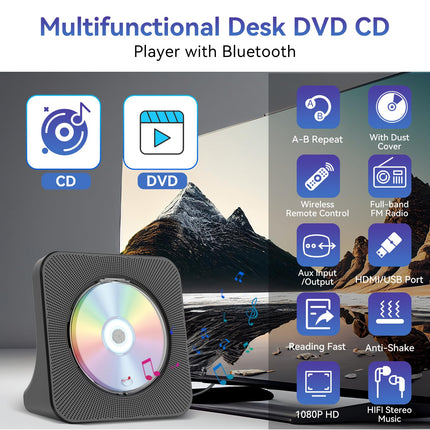Qoosea DVD-mängija telerile, lauaarvuti DVD/CD-mängija koju, Bluetooth-kõlaritega, ekraaniga, äratuskellaga, FM-raadio ja CD-mängijaga, USB-kaardi taasesitusega, kaasas kaugjuhtimispult, HDMI- ja AV-kaabel