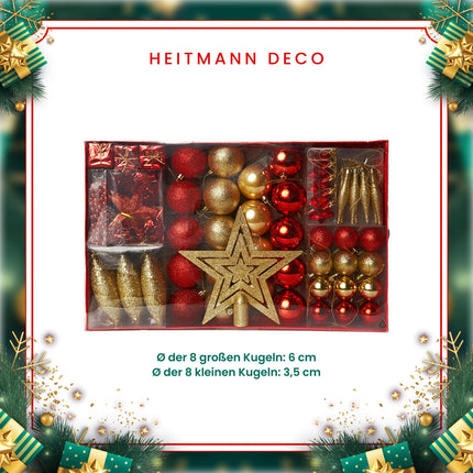 HEITMANN DECO Christmas tree decorations - gold/red - 60-piece set including tree topper, baubles, pearl necklace, garland, and stars - plastic, 47.5 x 29.7 x 6.5 cm
