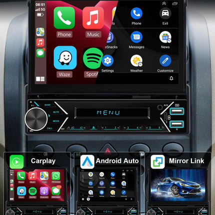 7'' autoraadio 1 DIN Carplay Android Auto juhtmevaba pikendatava ekraaniga, Podofo raadio Bluetooth 5.1 FM 2USB/AUX/Type-C tahavaatekaamera roolil juhtimisega