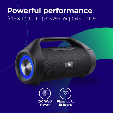 Caliber Bluetooth Speaker - Wireless Bluetooth Music Box - AUX and USB - With LED Lighting - 12h Battery - Black
