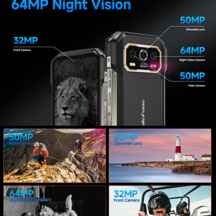 Ulefone Armor 27 Pro Outdoor Mobile Phone 5G Android 14 Smartphone 64MP+50MP+50MP+32MP Camera 24GB + 256GB/SD-2TB 10600mAh Battery, 6.78 inch FHD+ 120Hz, Supports 33W Fast Charging GPS/NFC/OTG