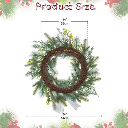 61cm Christmas wreath Artificial wreath with decorative Christmas balls, bow, pine cones Christmas decoration door wreath for Advent celebrations, house wall hanging or Christmas decoration