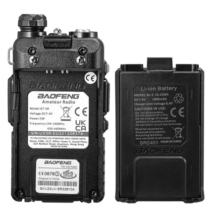 BAOFENG GT-5R raadiosaatja, kahe sagedusalaga kahesuunaline raadio UHF VHF 144-146/430-440MHz jaoks, 128 kanali mäluga, 1800 mAh akuga, programmeerimiskaabliga, täiskasvanute kõrvaklappidega, Chirp-toega