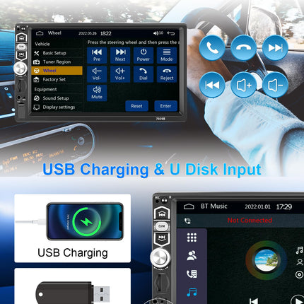 Podofo Carplay 1Din autoraadio 7-tollise ekraaniga, Bluetooth 5.1, Android Auto, peegliühendus iOS-ile ja Androidile, mikrofon/SD/USB/ekvalaiser/rooli juhtimine 7 värvilise nupuga ja tahavaatekaameraga