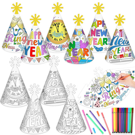 HOWAF New Year's Eve Decorations 2025 for Coloring, 12 New Year's Eve Party Hats to Color, New Year's Eve Hats, New Year's Eve Party Hats, Coloring New Year's Eve Games for Kids, New Year's Eve Accessories, Happy New Year Decorations 2025