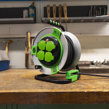 REV EX cable reel, 25m, H05RR, IP44, 3000W, with sliding contact, outdoor cable reel, 4 sockets, green