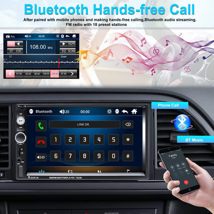 CAMECHO 2 DIN Bluetooth autoraadio, 7-tollise ekraaniga autoraadio, peegliühendusega FM USB/AUX sisend/SD, 2 DIN raadiotelefon tahavaatekaamera puldiga