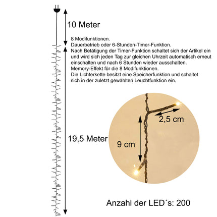 AMARE Galaxy Fairy Lights 200 LEDs warm white, length 19.9 m (plus 10 m cable), for indoor and outdoor use, 8 light modes/timer 4251083907649