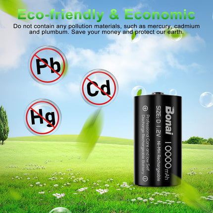 BONAI D aku 10000mAh Mono D laetavad akud, suure mahutavusega D Accu NiMH 1.2V D-elemendid, laetavad D-akud madala isetühjenemise ja pika elueaga (4 tk pakis)