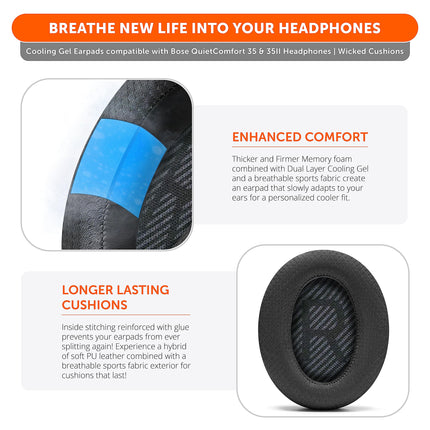 WC Freeze QC35 – Cooling Gel Ear Cushions for Bose QC35 and QC35ii (QuietComfort 35) Headphones and More | Breathable Sports Fabric, Cooling Gel, Extra Thick and Cooler for Longer | Black