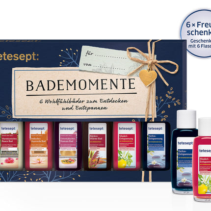 tetesept vannikomplekt "Hellitushetked" – vanniessentsi näidiskomplekt kinkekaardiga – ideaalne kingitus igaks sündmuseks – 1 x vannikomplekt (6 x 20 ml)
